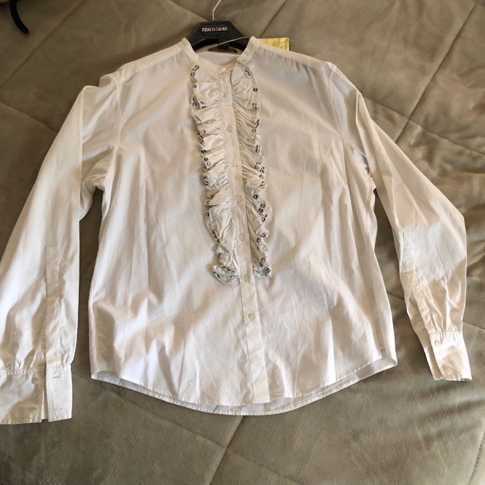 Roberto Cavalli White Button Shirt with Ruffles